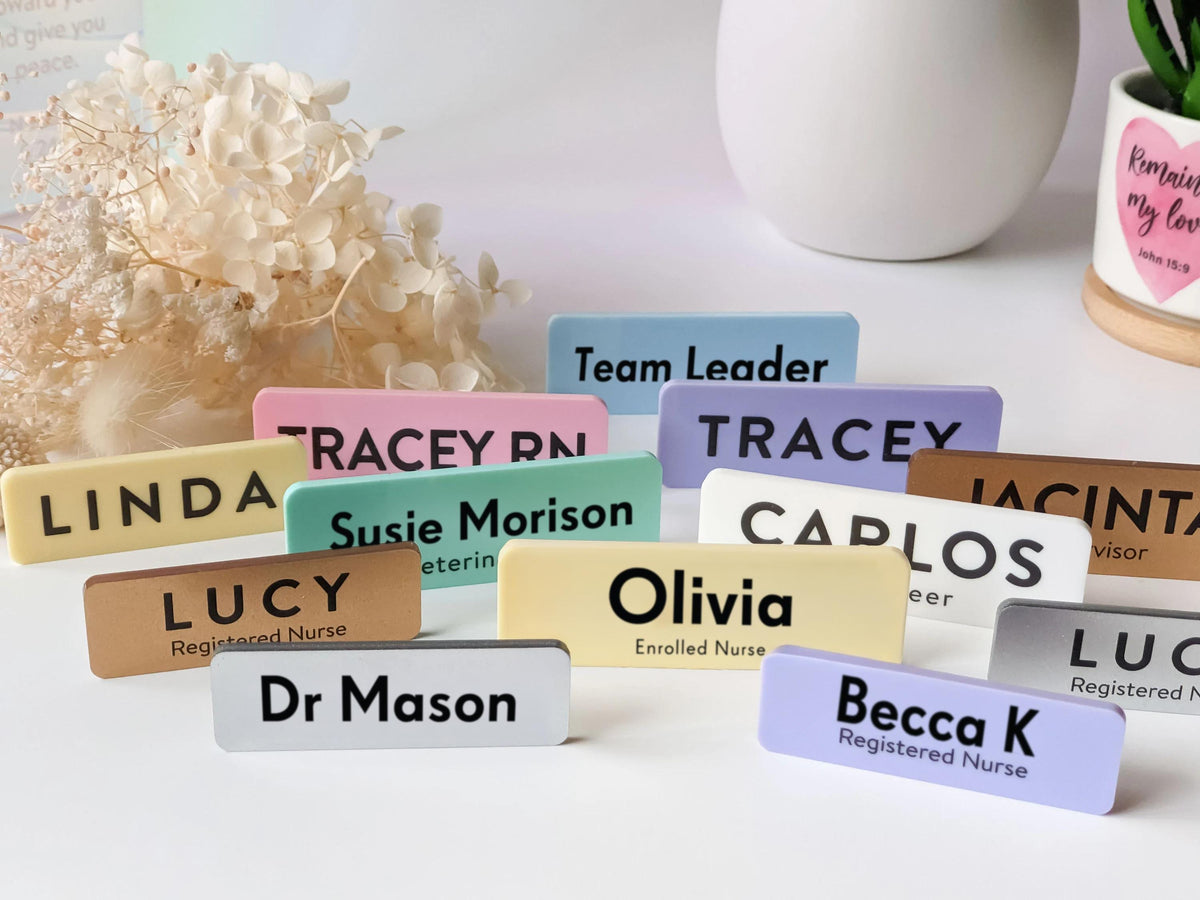 Custom Acrylic Name Badge: Pastel & Metallic, Pin or Magnetic