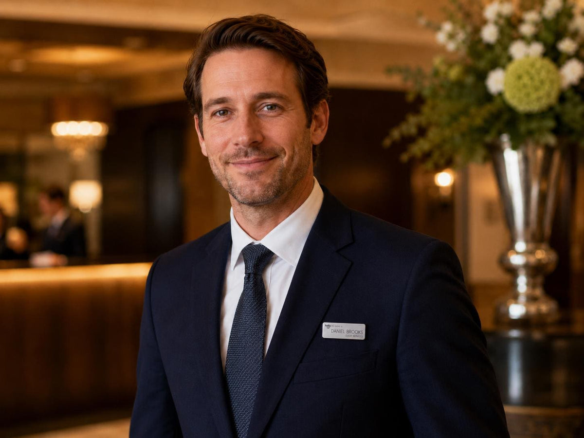 Acrylic name badge worn on a suit at a hotel front desk