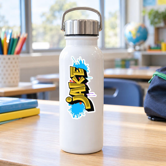 Graffiti name sticker – bold throwie design on a school water bottle