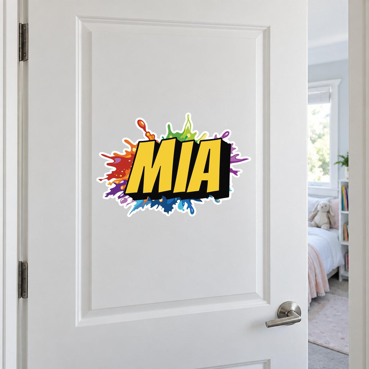 Graffiti name sticker – splash design on a bedroom door