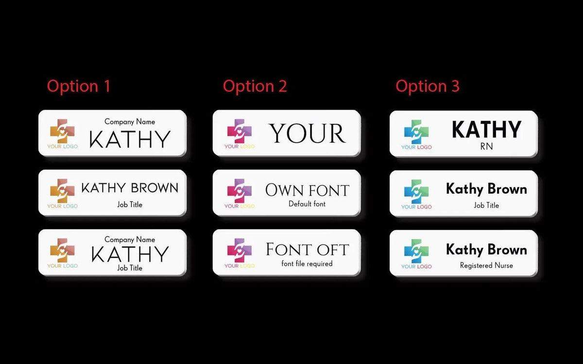 Holographic logo name badge design options 1 to 3 showing name, job title and company name layouts