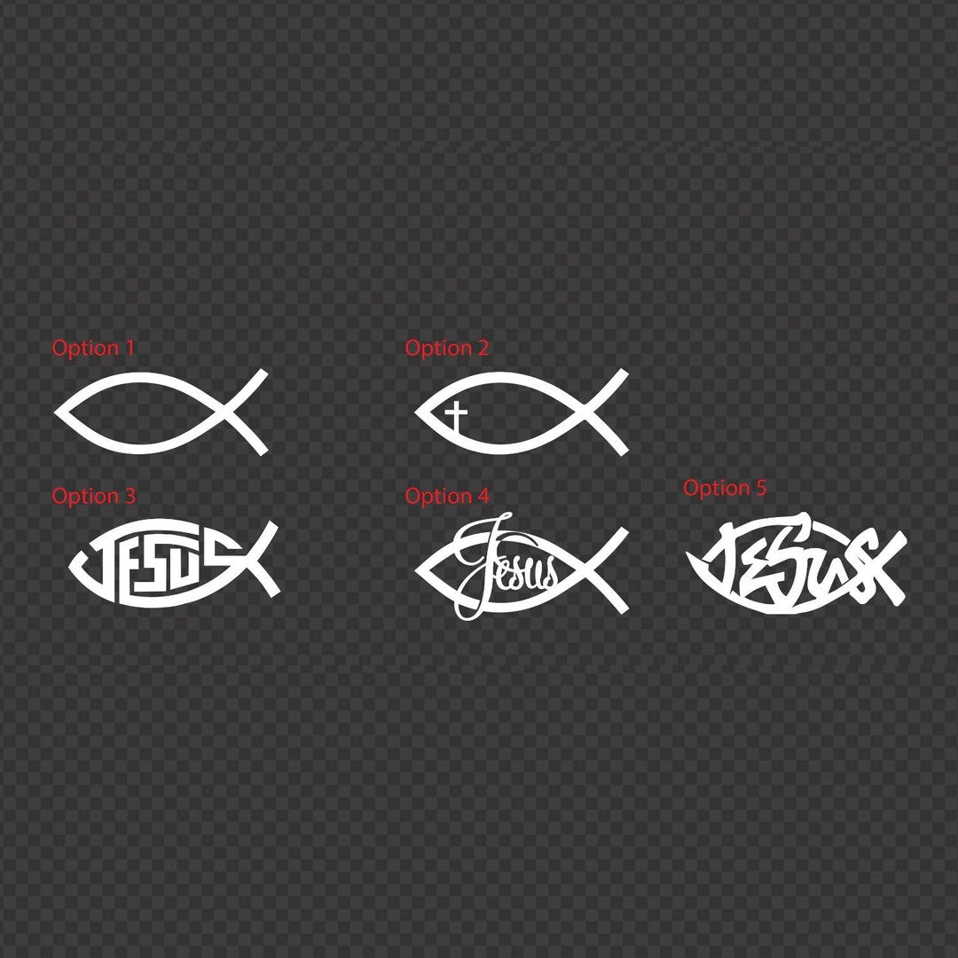 Jesus fish decal options chart – five white fish outlines, plain, with a cross or with Jesus lettering, on a dark background