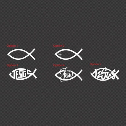 Jesus fish decal options chart – five white fish outlines, plain, with a cross or with Jesus lettering, on a dark background