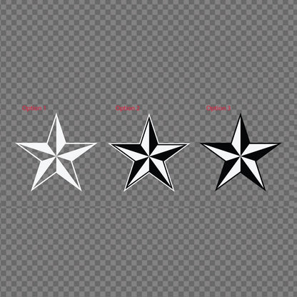 Nautical star decal – three star design options in white and black on a grey background
