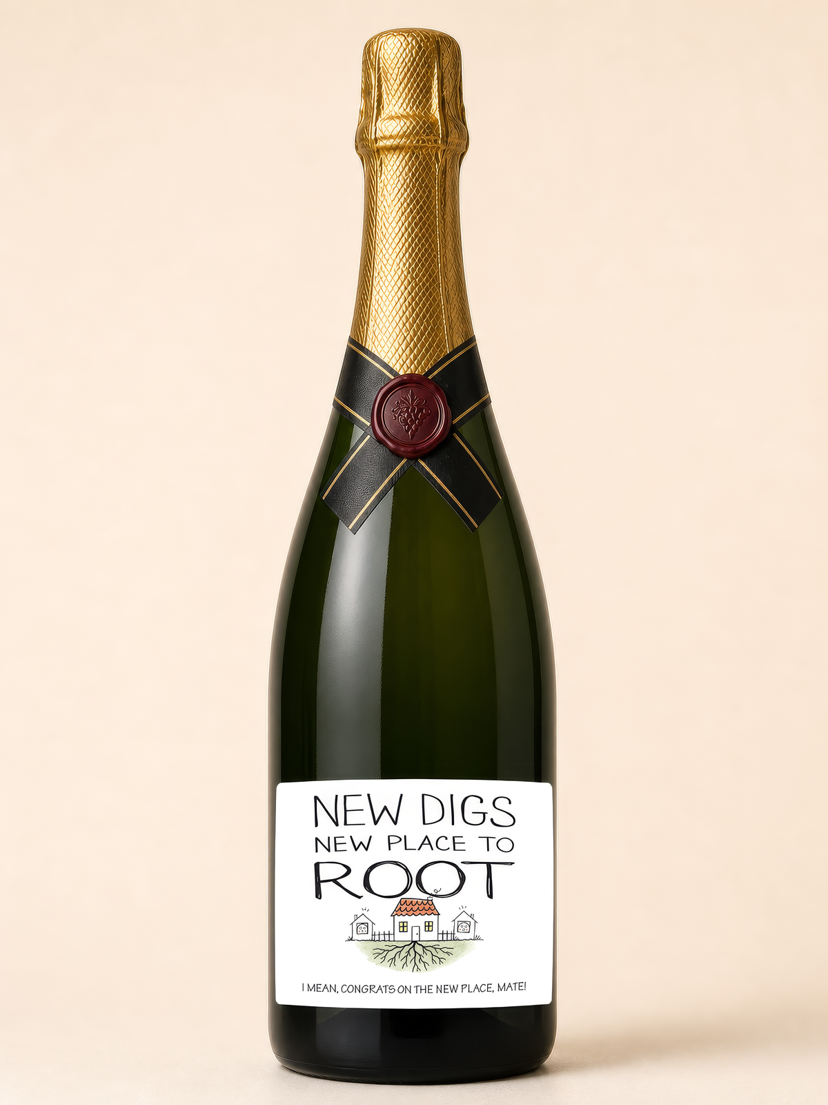 New Digs wine label in colour – champagne bottle