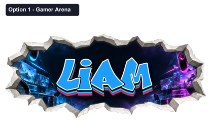 Option 1 Gamer Arena: cyan Liam graffiti with a printed broken plaster edge