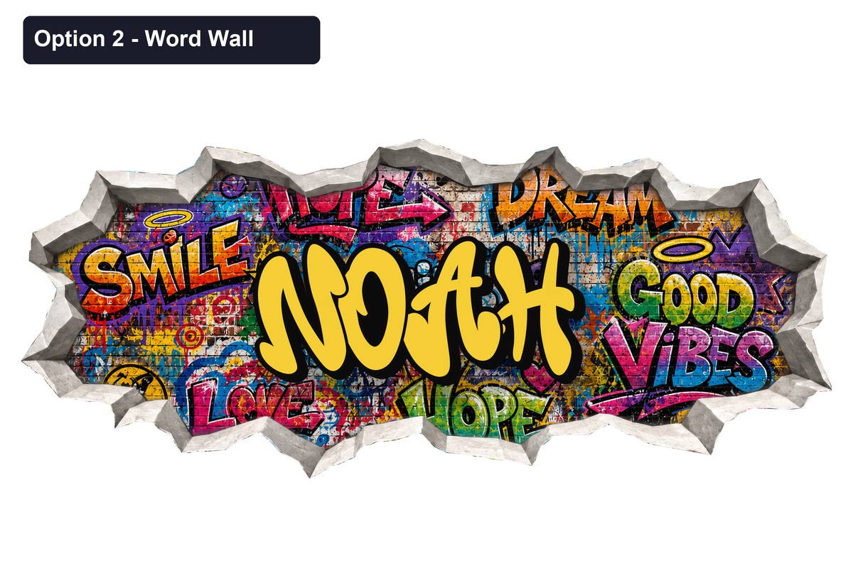 Option 2 Word Wall: yellow Noah graffiti over colourful street-art brickwork