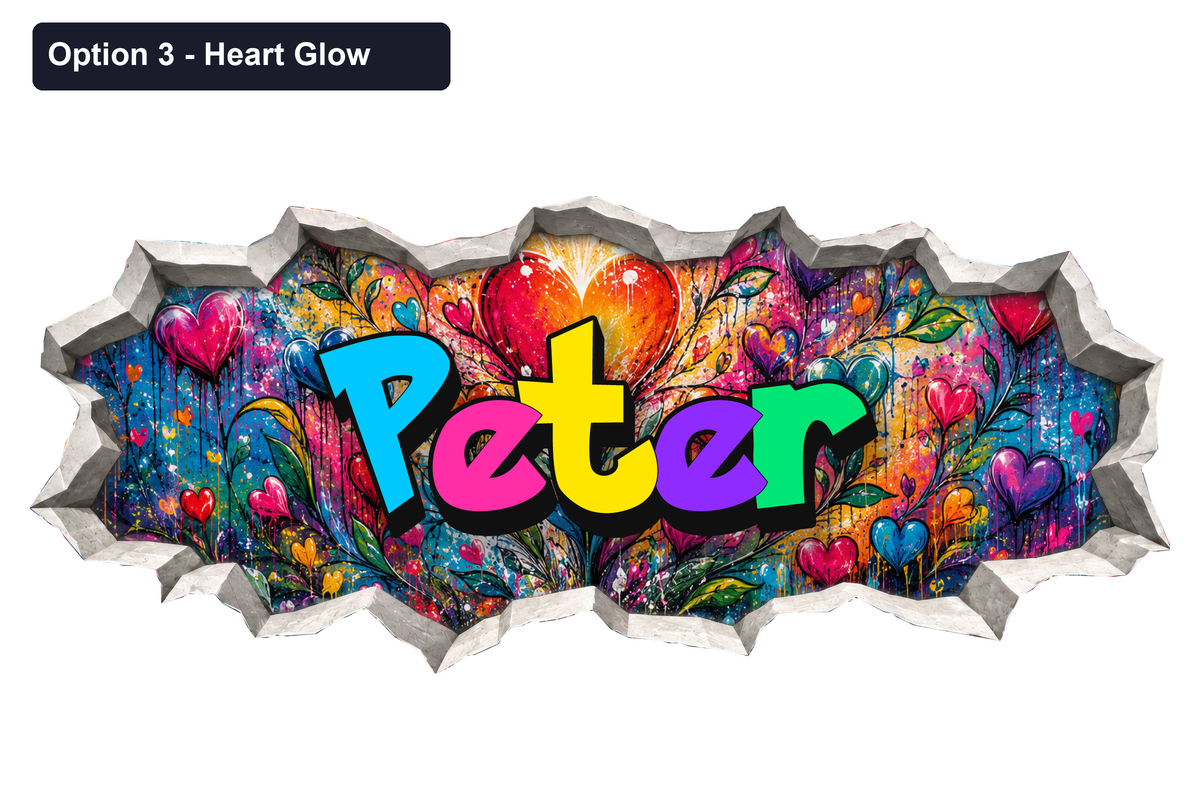 Option 3 Heart Glow: multicolour Peter graffiti from the supplied SVG centred in the printed broken plaster opening