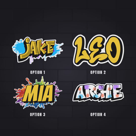 Graffiti name label, how it is made: pick Option 1 to 4, type the name, see it in every option, change the colour, fine-tune it in the free Graffiti Maker, then die-cut and apply.