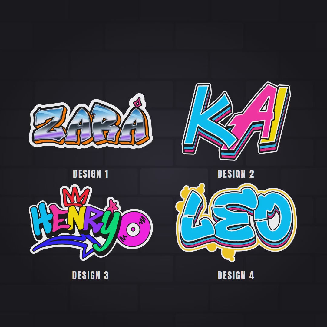 Graffiti name sticker, how it is made: pick a design, type the name, see it in every design, change the colour, fine-tune it in the free Graffiti Maker, then die-cut and apply.
