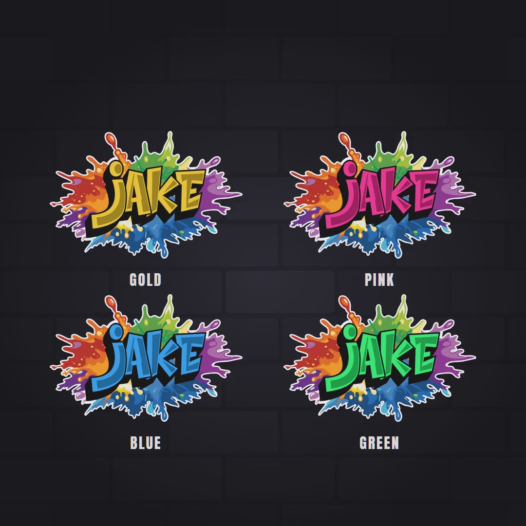 Graffiti name sticker on a paint splash, how it is made: type the name, pick one of eight letter colours, choose a width, then die-cut and apply.