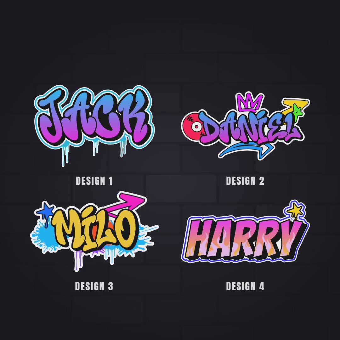 OZ DECO Graffiti Maker: pick a design, type your name, try every design, pick colours, fonts, 3D, extras and shape, drag letters into place, then it is printed and die-cut.