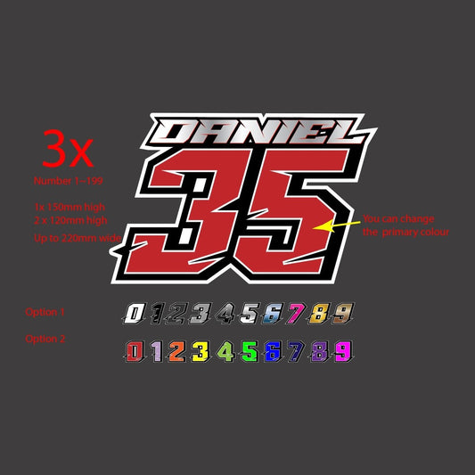 Motocross number decal – red number 35 with a name above and digit colour options