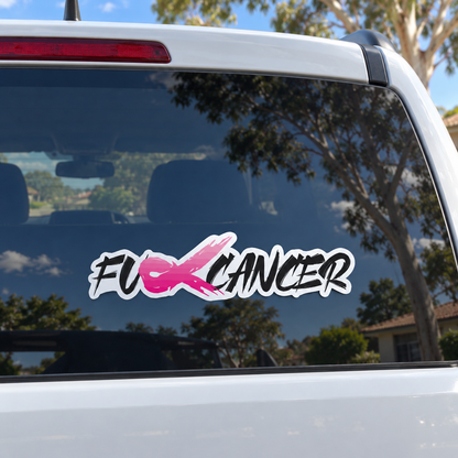 Pink ribbon cancer decal on a white ute rear window
