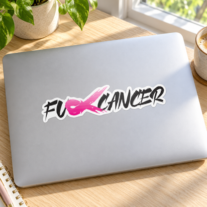 Pink ribbon cancer sticker on a silver laptop lid