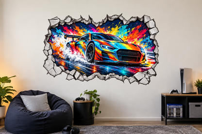 Car Racing cracked wall mural sticker on a smooth wall; illustrative room mockup
