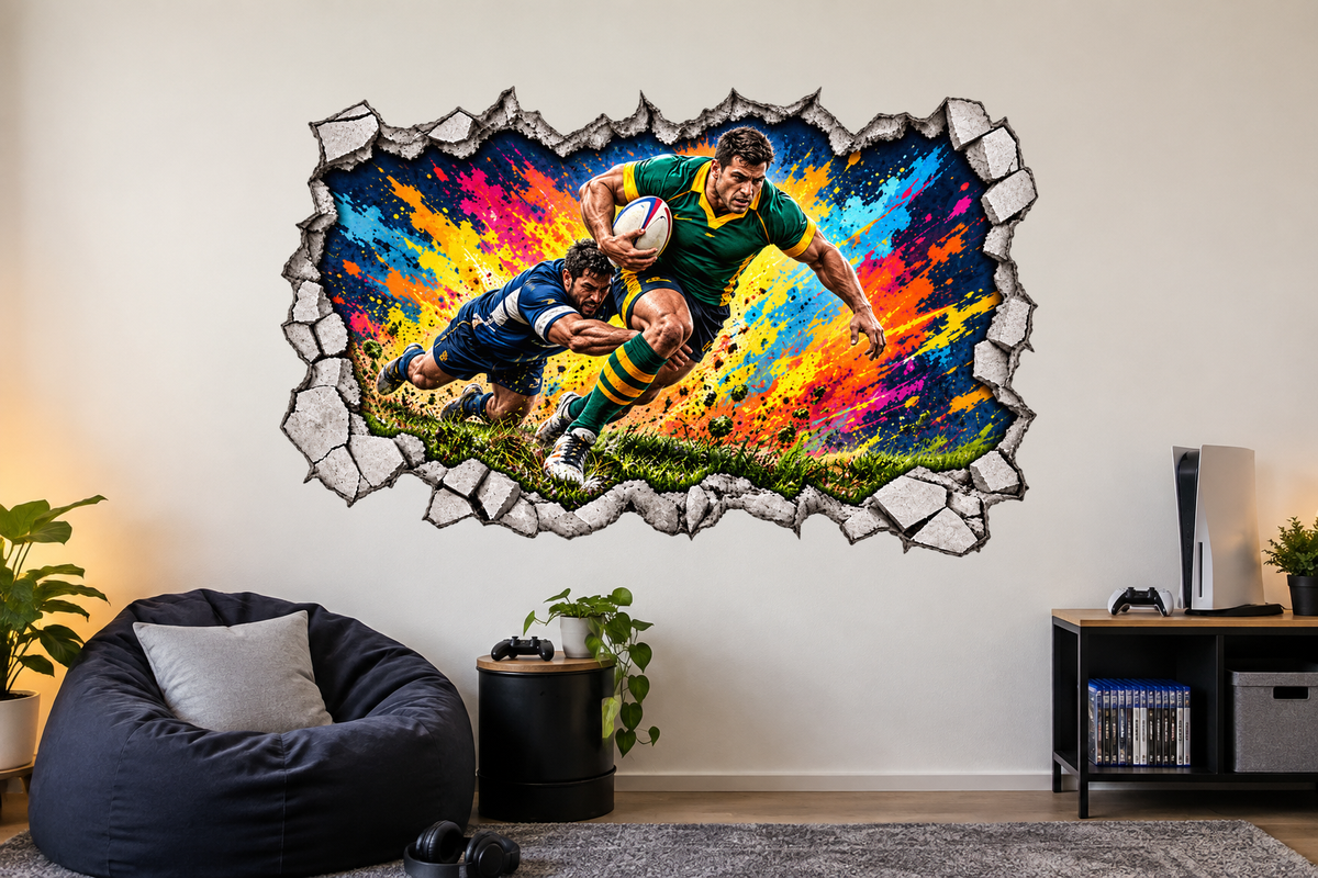 Australian Rugby cracked wall mural sticker on a smooth wall; illustrative room mockup