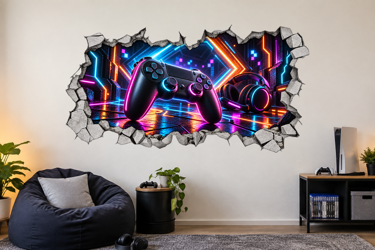 Neon Gamer cracked wall mural sticker on a smooth gaming-room wall; illustrative room mockup