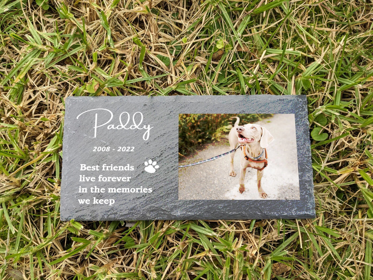Personalised pet memorial plaque with photo in garden