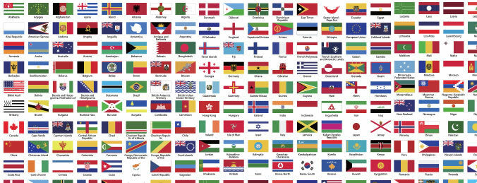 World flag chart showing the country flags available for custom name stickers