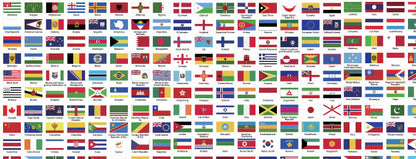 World flag chart showing the country flags available for custom name stickers