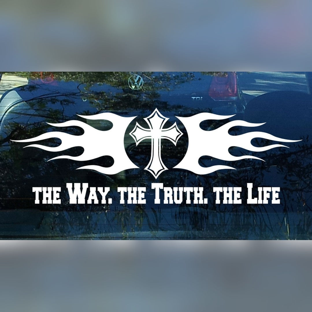 John 14:6 Bible verse decal – white cross with flames and verse text on a dark car window