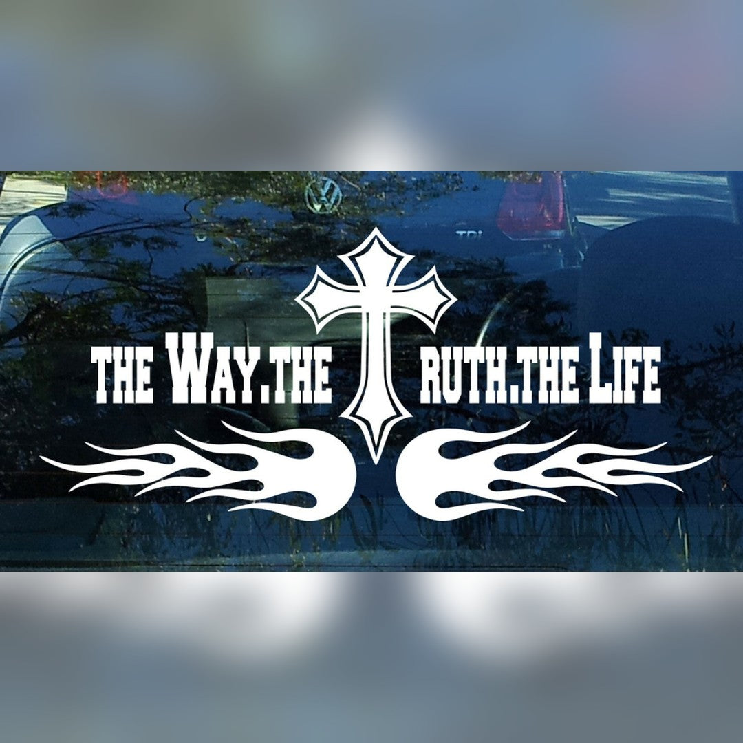 Cross car decal – white cross, flames and Bible verse lettering on a dark rear window